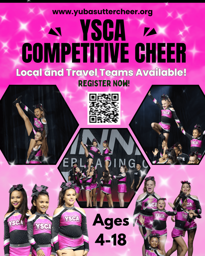 Promotional poster for Yuba Sutter Cheer Association featuring youth cheerleaders. Highlights competitive cheer opportunities for ages 4-18 with a vibrant pink and black theme, including images of cheer stunts and team performances.